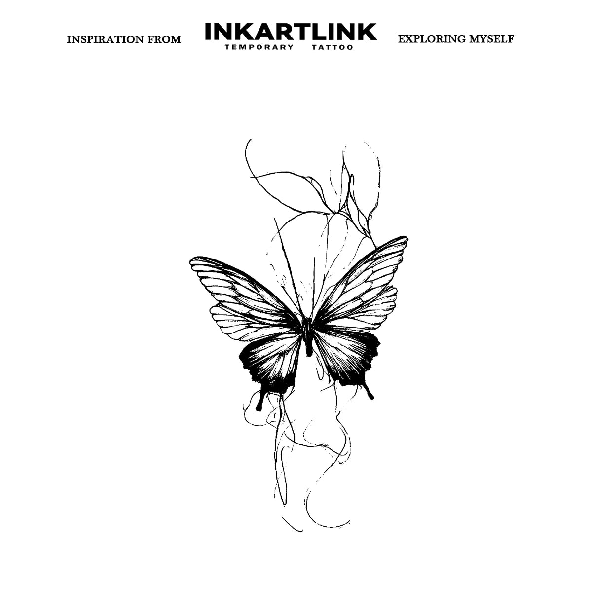 Butterfly Line Art Temporary Tattoo – Minimalist Floral Fake Tattoo
