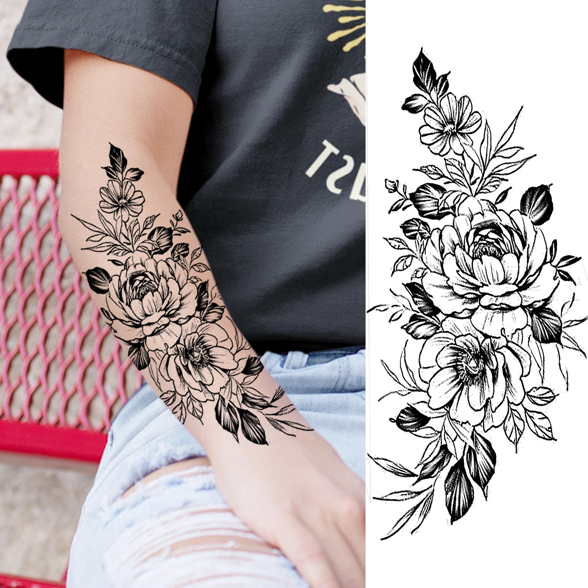 2pcs Watercolor Peony Rose Butterfly Temporary Tattoo Stickers
