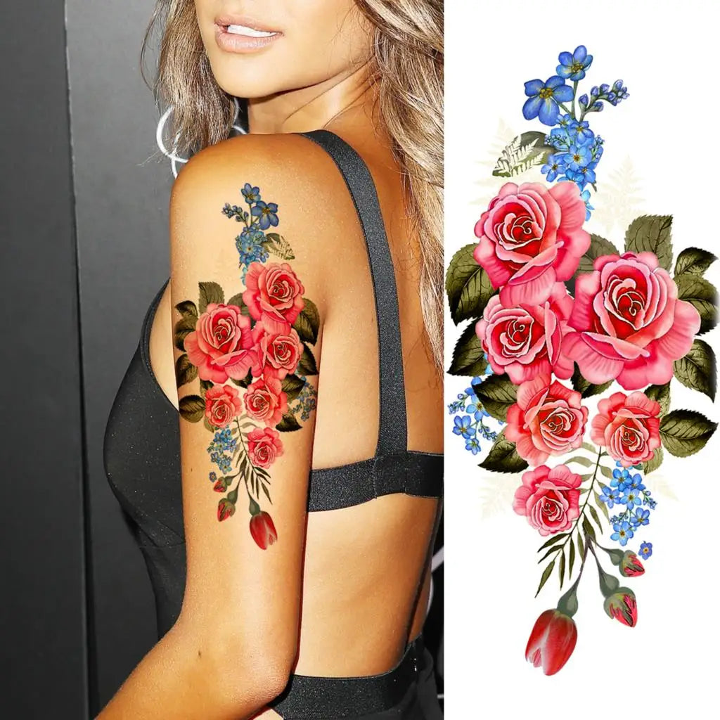 2pcs Watercolor Peony Rose Butterfly Temporary Tattoo Stickers