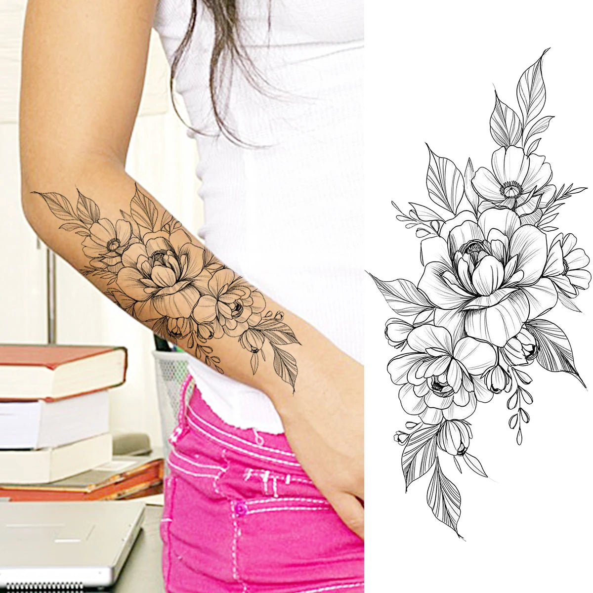 2pcs Watercolor Peony Rose Butterfly Temporary Tattoo Stickers