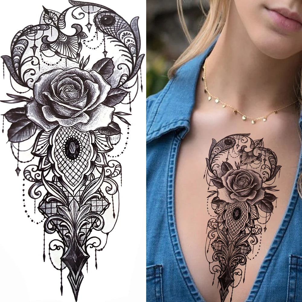 Peony & Dreamcatcher Tattoo Sticker – Realistic Compass, Lace, Lotus, Rose Design