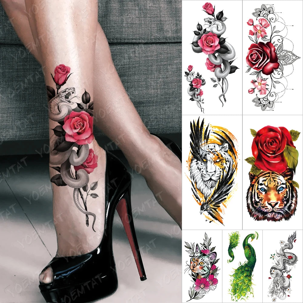 Rose & Snake Tattoo Set – Waterproof Temporary Body Art Stickers (Lace, Flower, Tiger, Dragon)