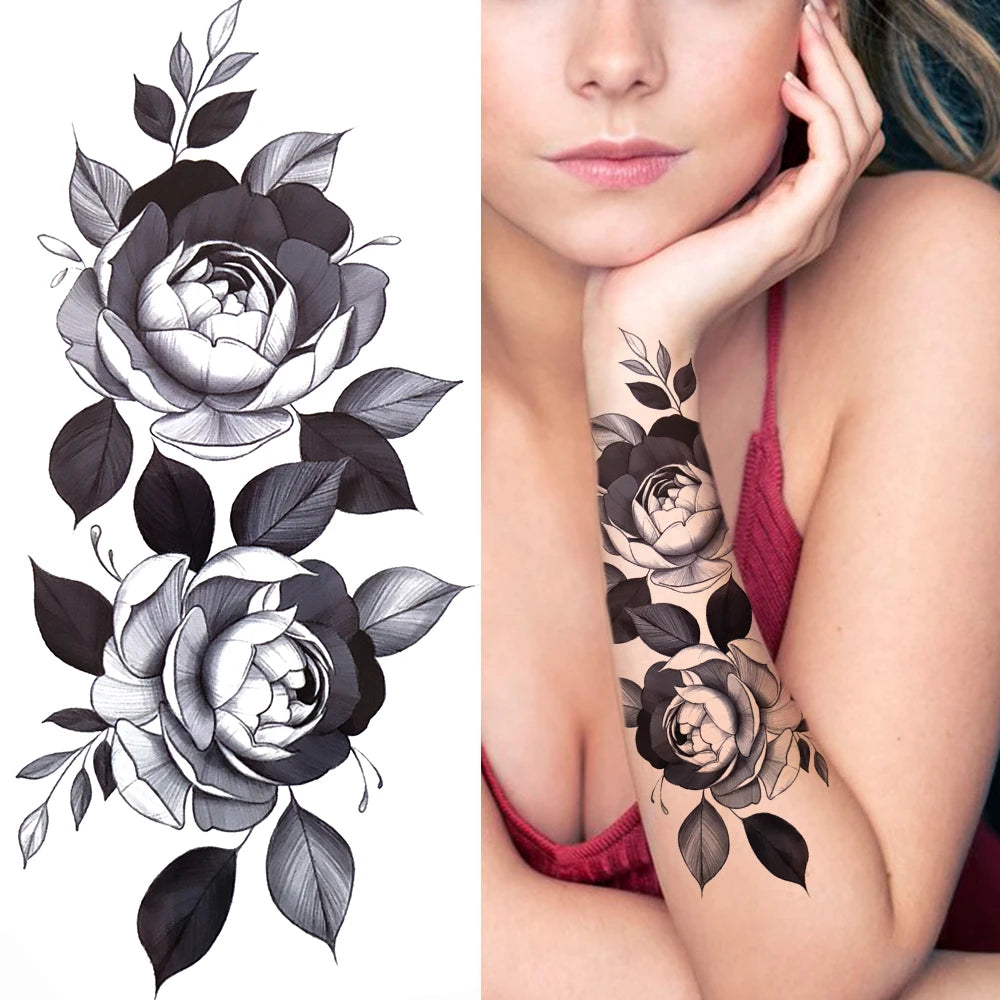 Peony & Dreamcatcher Tattoo Sticker – Realistic Compass, Lace, Lotus, Rose Design