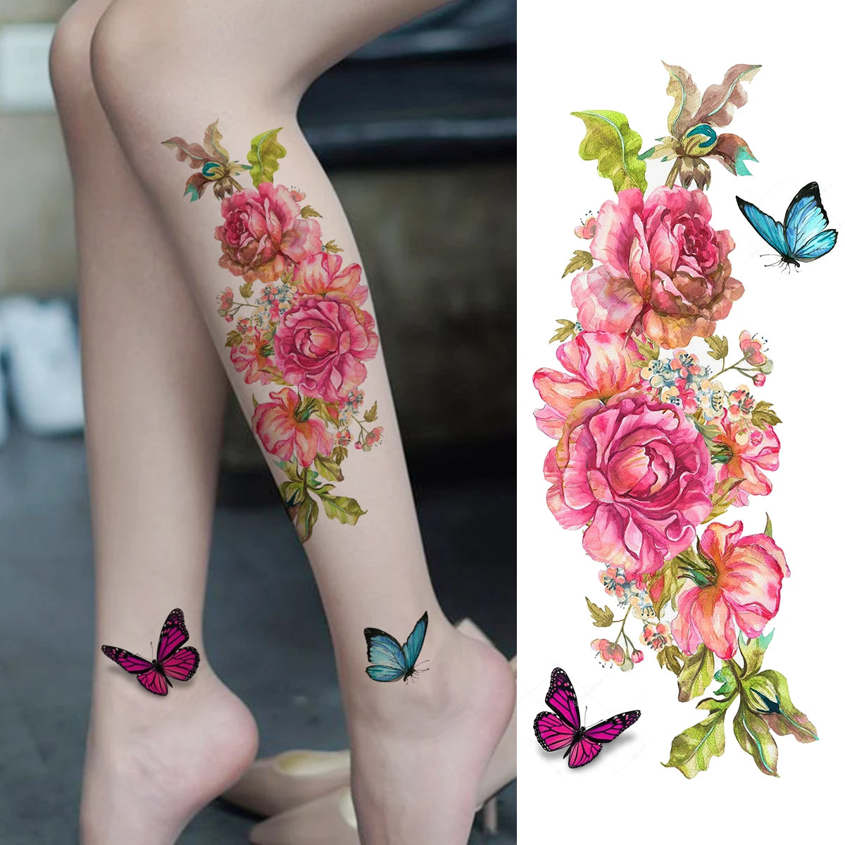 2pcs Watercolor Peony Rose Butterfly Temporary Tattoo Stickers