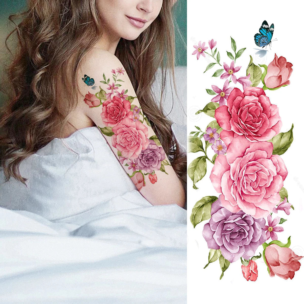 2pcs Watercolor Peony Rose Butterfly Temporary Tattoo Stickers