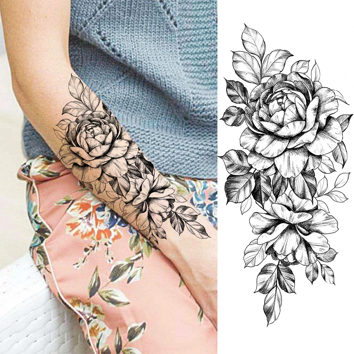 2pcs Watercolor Peony Rose Butterfly Temporary Tattoo Stickers