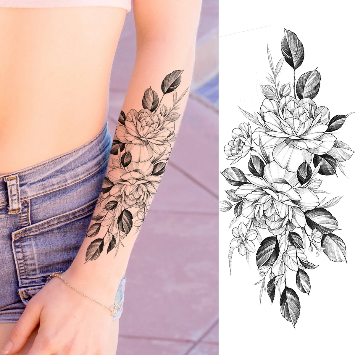 2pcs Watercolor Peony Rose Butterfly Temporary Tattoo Stickers