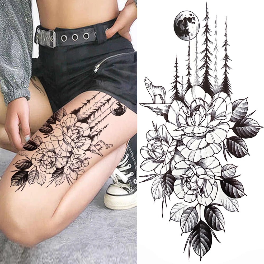 Peony & Dreamcatcher Tattoo Sticker – Realistic Compass, Lace, Lotus, Rose Design