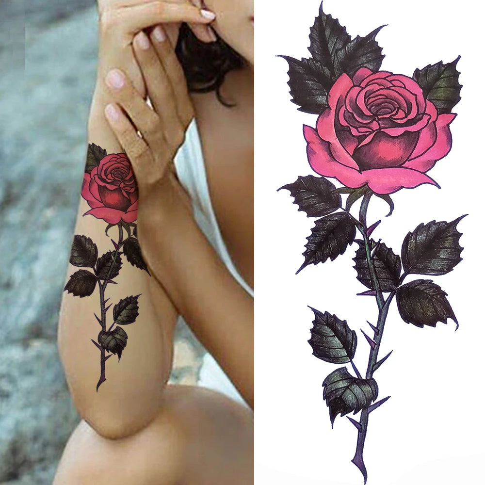 Peony & Dreamcatcher Tattoo Sticker – Realistic Compass, Lace, Lotus, Rose Design