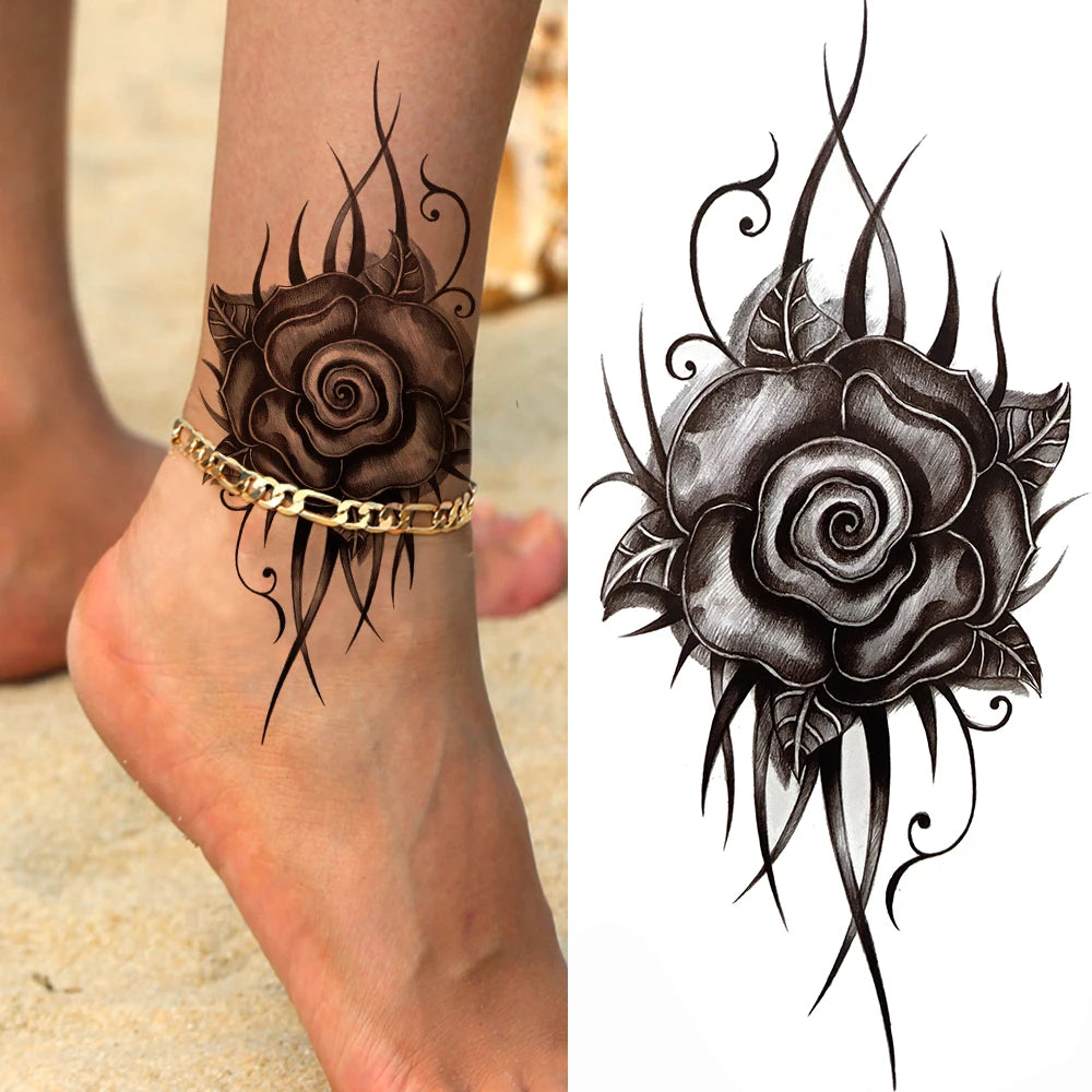 Peony & Dreamcatcher Tattoo Sticker – Realistic Compass, Lace, Lotus, Rose Design