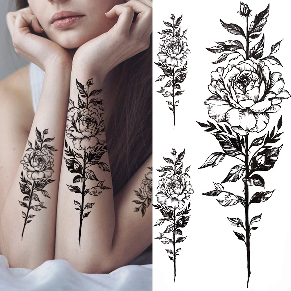 Peony & Dreamcatcher Tattoo Sticker – Realistic Compass, Lace, Lotus, Rose Design