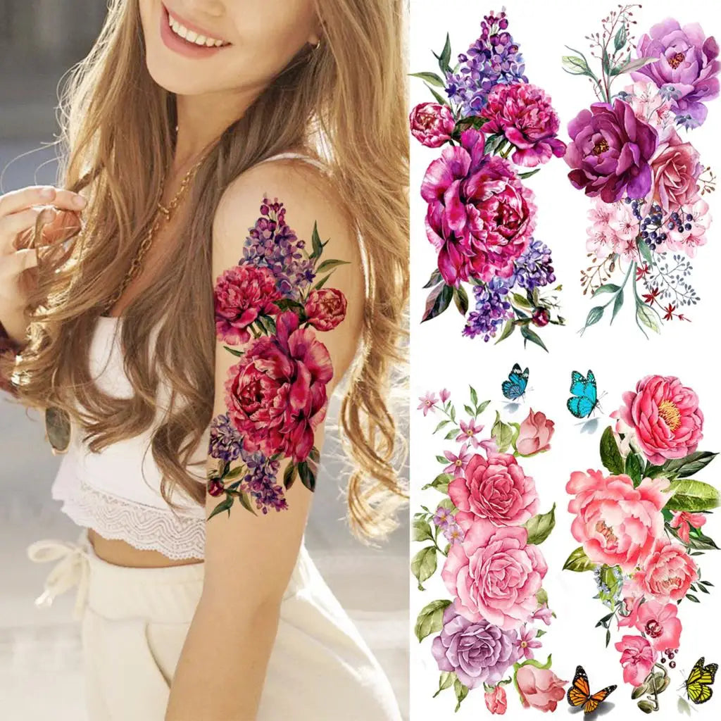 2pcs Watercolor Peony Rose Butterfly Temporary Tattoo Stickers