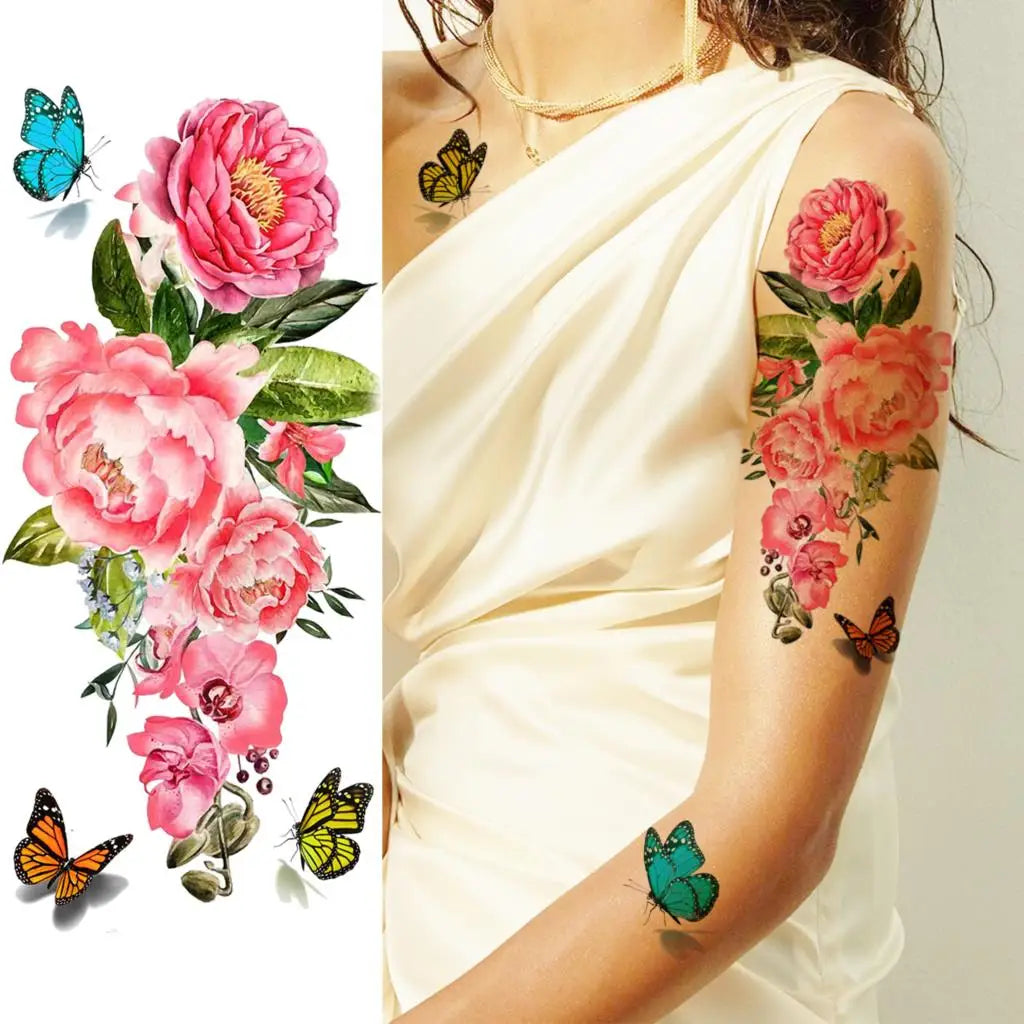 2pcs Watercolor Peony Rose Butterfly Temporary Tattoo Stickers