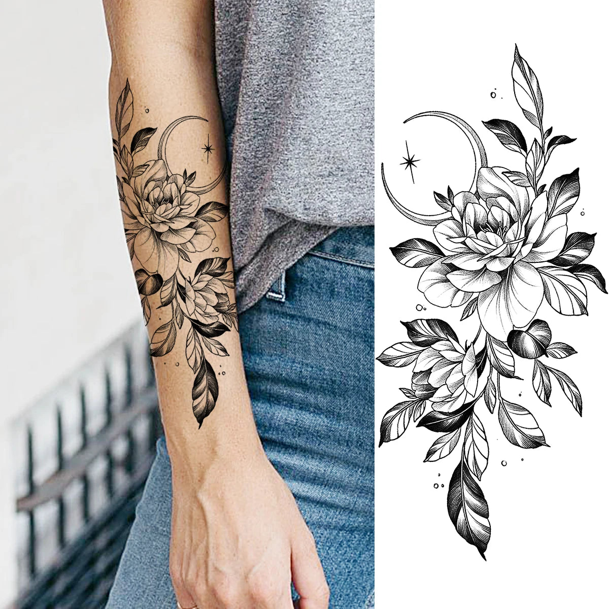 2pcs Watercolor Peony Rose Butterfly Temporary Tattoo Stickers