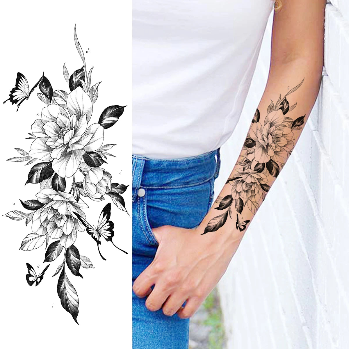 2pcs Watercolor Peony Rose Butterfly Temporary Tattoo Stickers