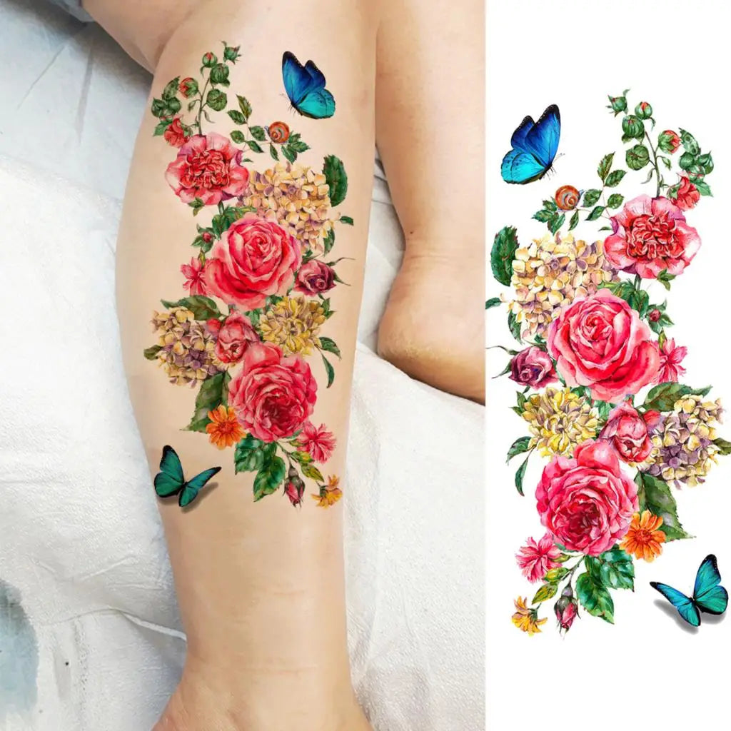 2pcs Watercolor Peony Rose Butterfly Temporary Tattoo Stickers