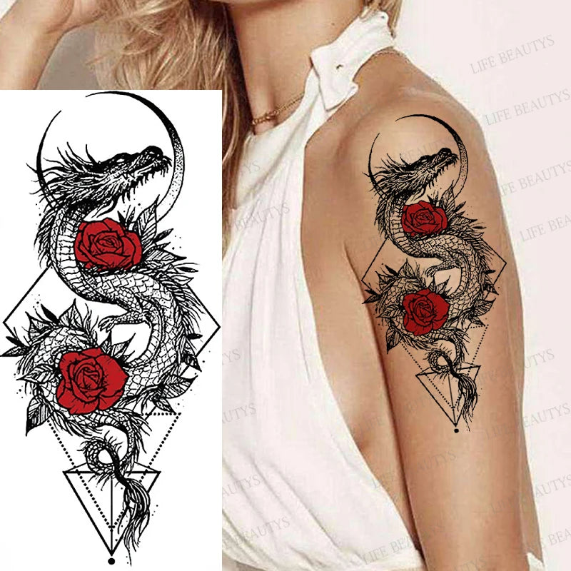 Snake Rose Wolf Temporary Tattoo – Waterproof Flower Fake Tattoo Sticker for Arm & Body Art