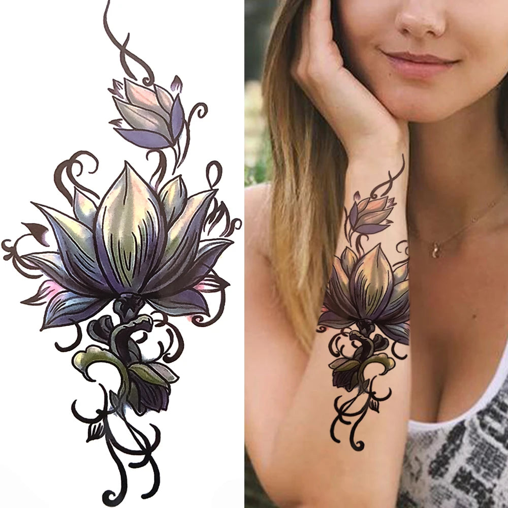 Peony & Dreamcatcher Tattoo Sticker – Realistic Compass, Lace, Lotus, Rose Design