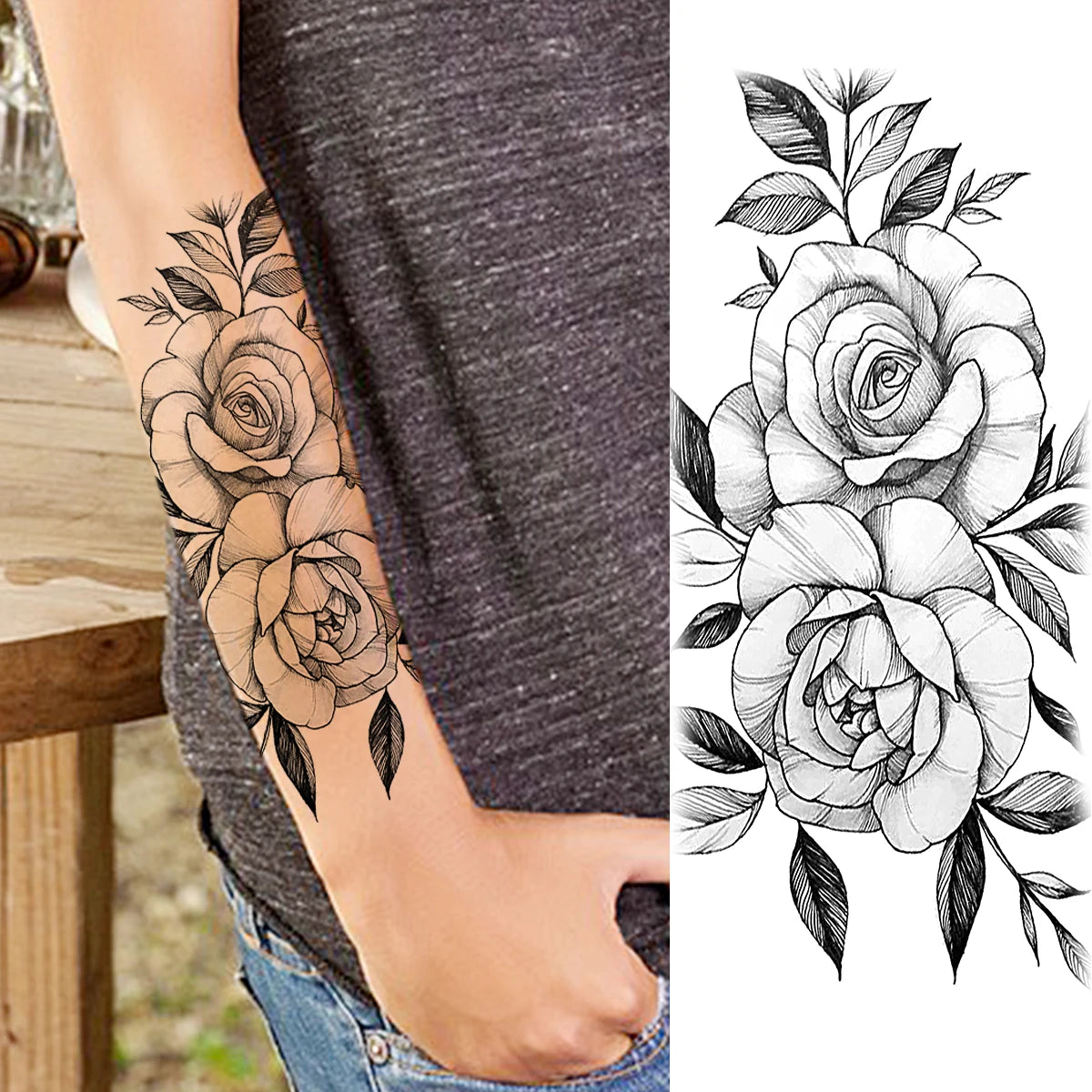 2pcs Watercolor Peony Rose Butterfly Temporary Tattoo Stickers