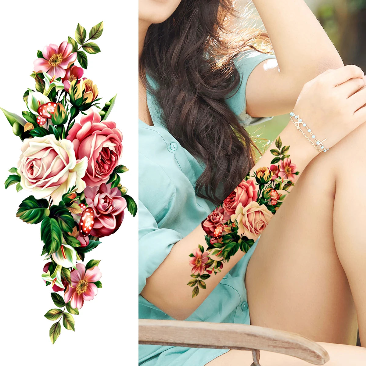 2pcs Watercolor Peony Rose Butterfly Temporary Tattoo Stickers