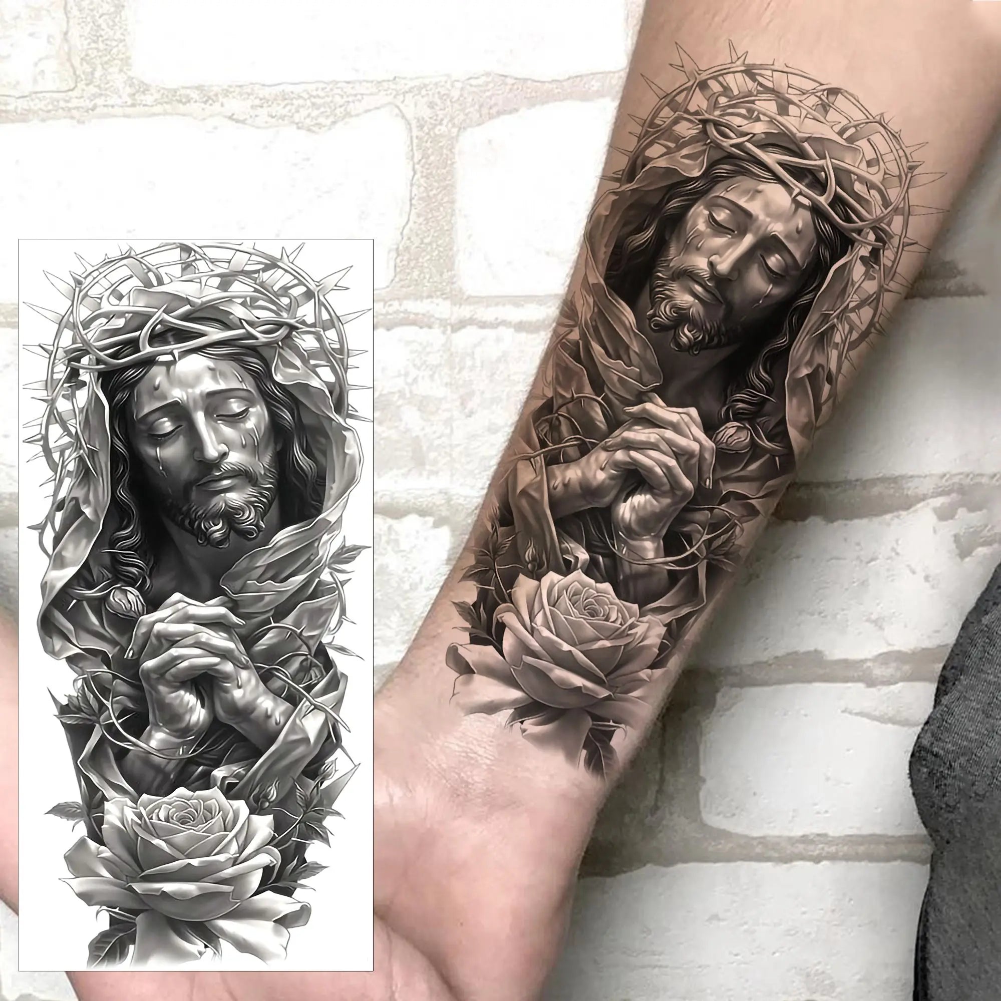 1pc Black Jesus Mary Cross Temporary Tattoo Stickers – Realistic Christian Prayer Tattoo Waterproof