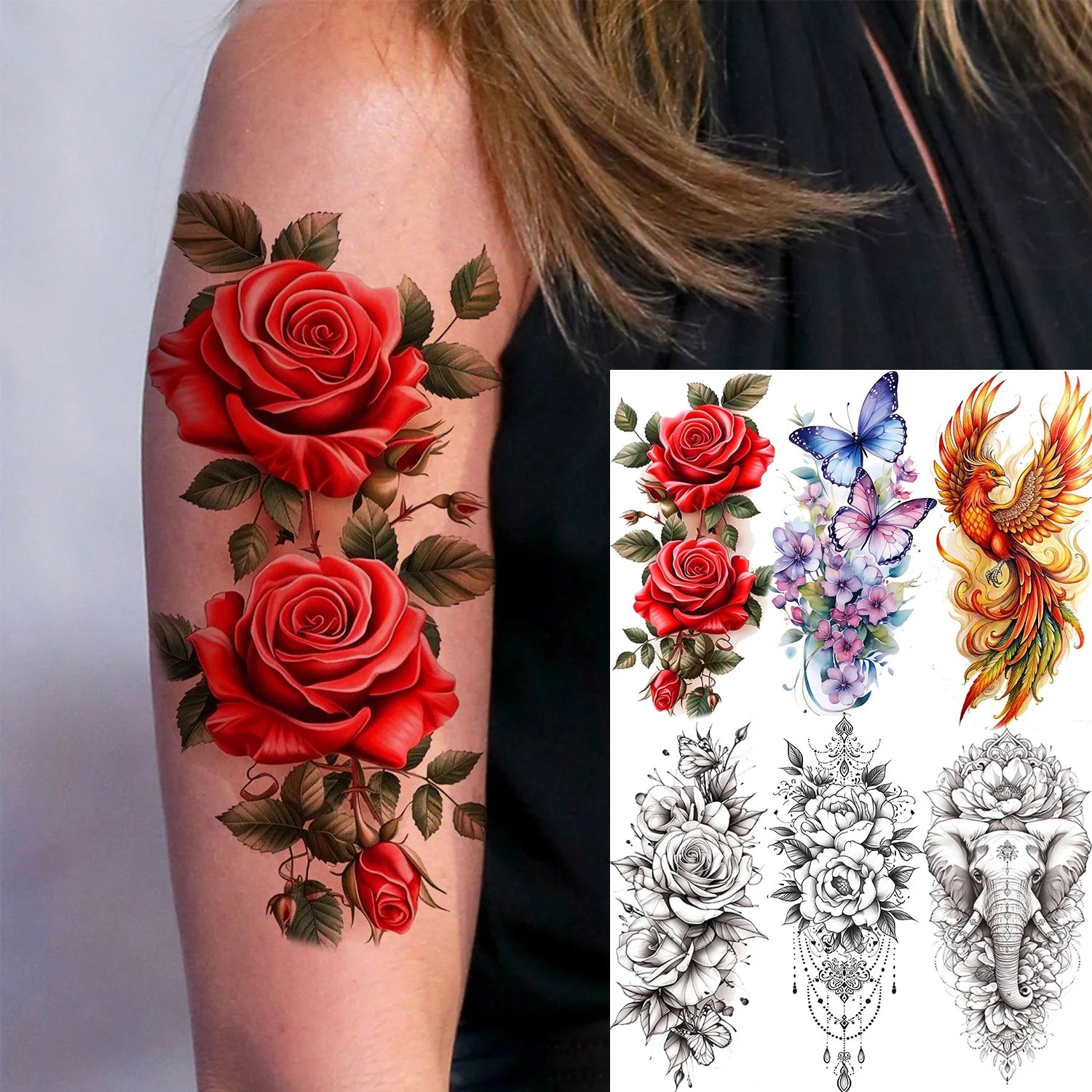 3D Rose Butterfly Temporary Tattoo – Waterproof Phoenix Flower Fake Tattoo Sticker