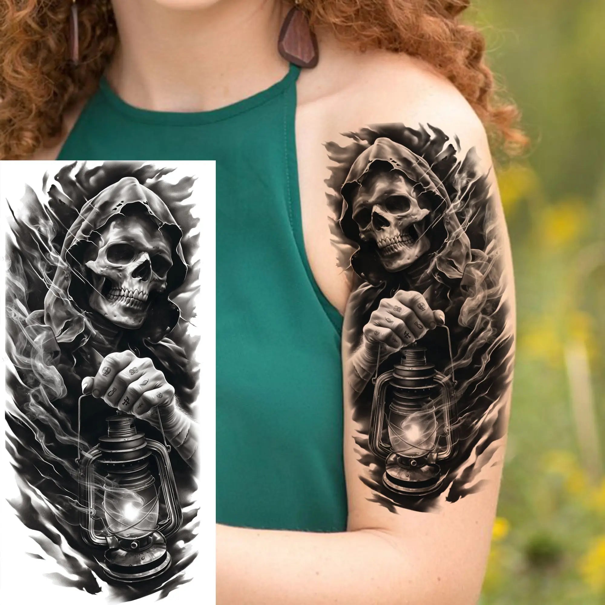 Grim Reaper Skull Pirate Temporary Tattoo – Halloween Fake Tattoo Sticker (1 Sheet)