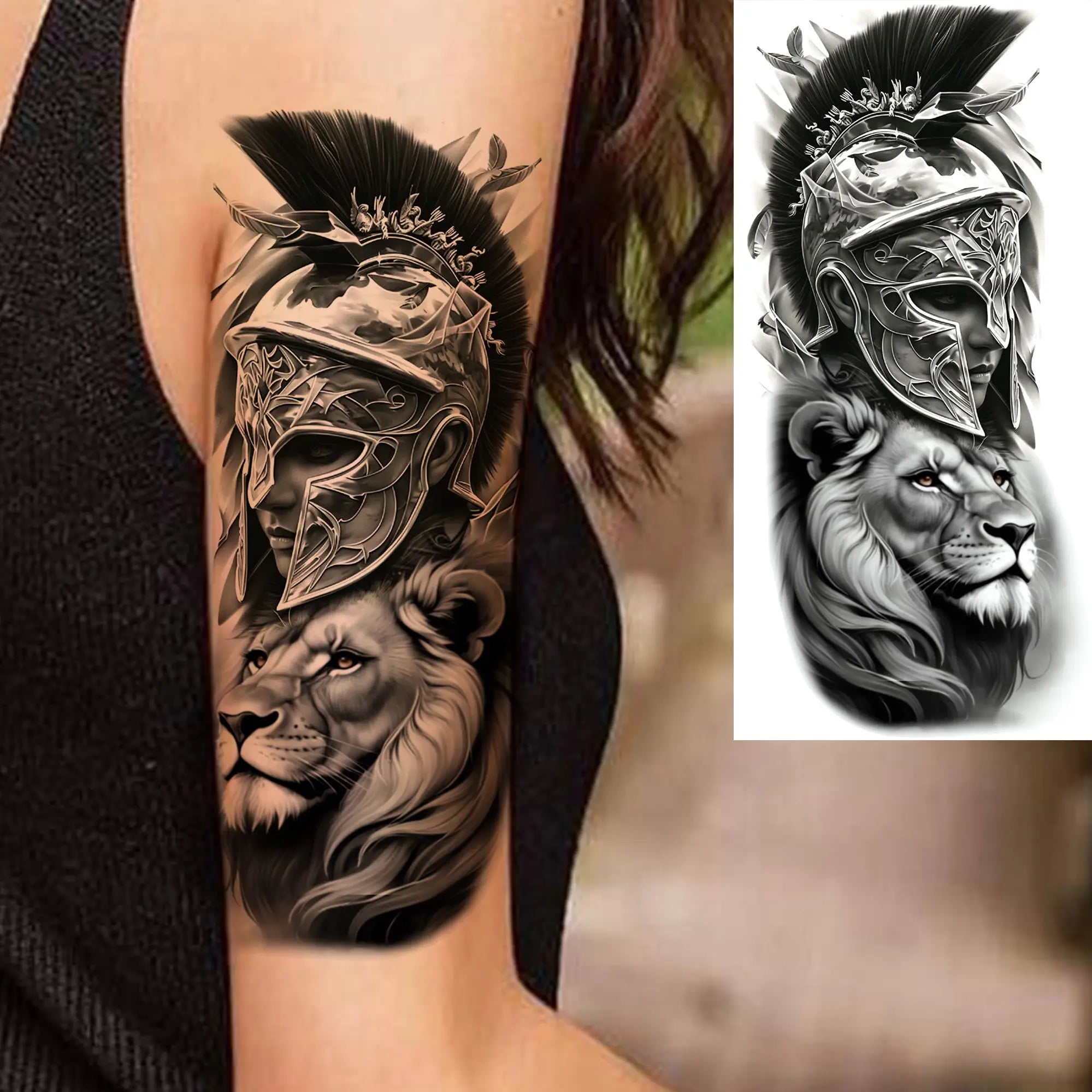 1pc Black Warrior Spartan Temporary Tattoo Stickers – Gladiator Helmet Lion Wolf Armor Design