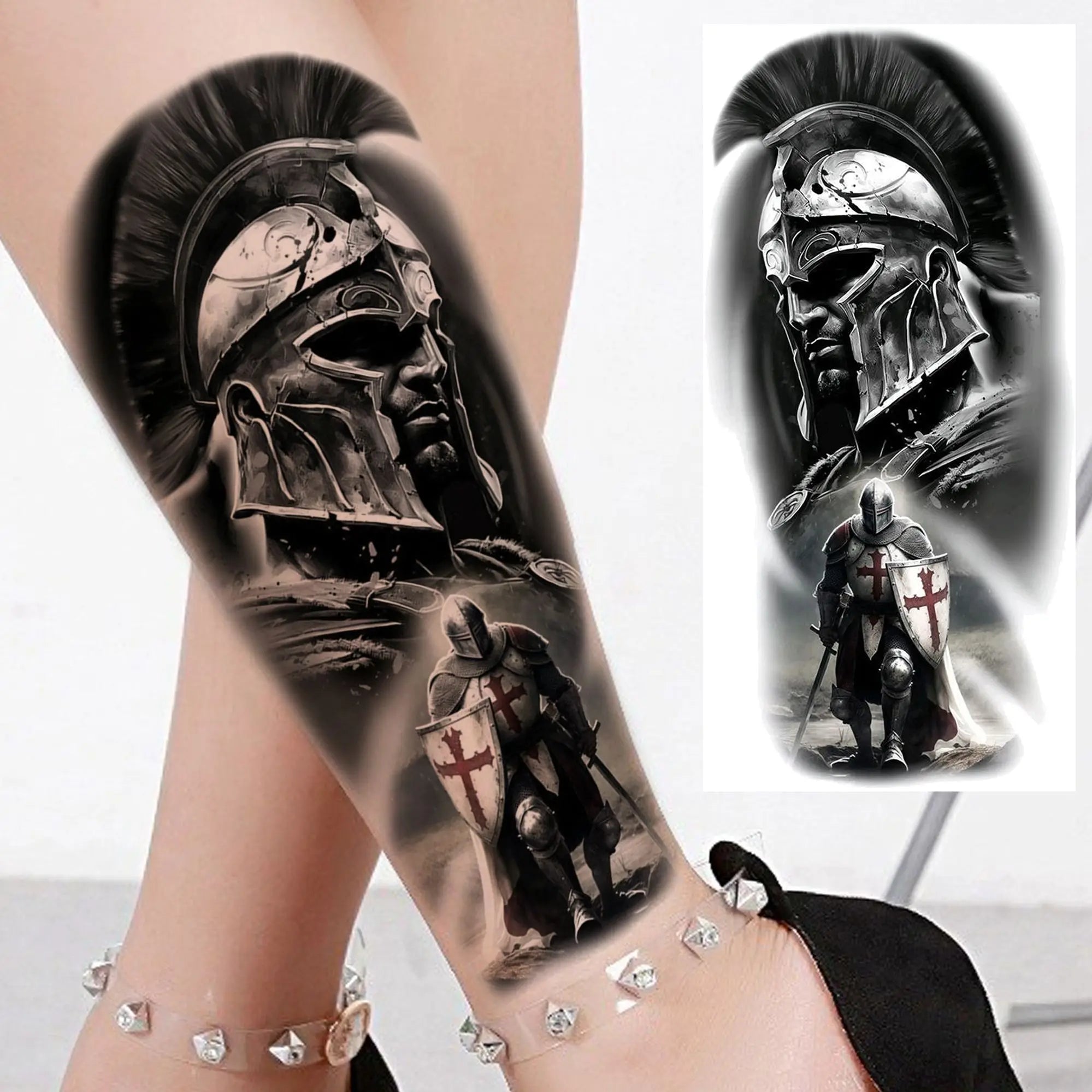 1pc Black Warrior Spartan Temporary Tattoo Stickers – Gladiator Helmet Lion Wolf Armor Design