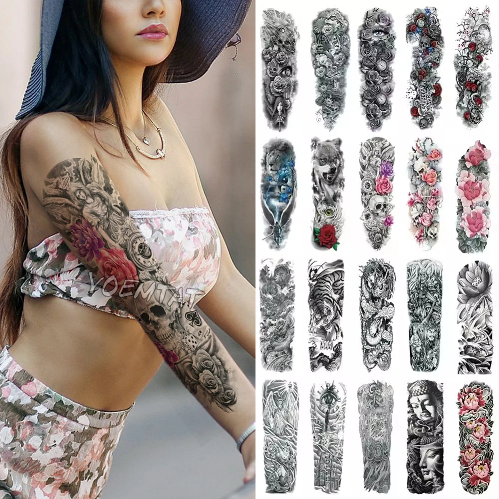 Inkly FullSleeveX – Skull Clock Tiger Wolf Arm Tattoo Set (40+ Designs)