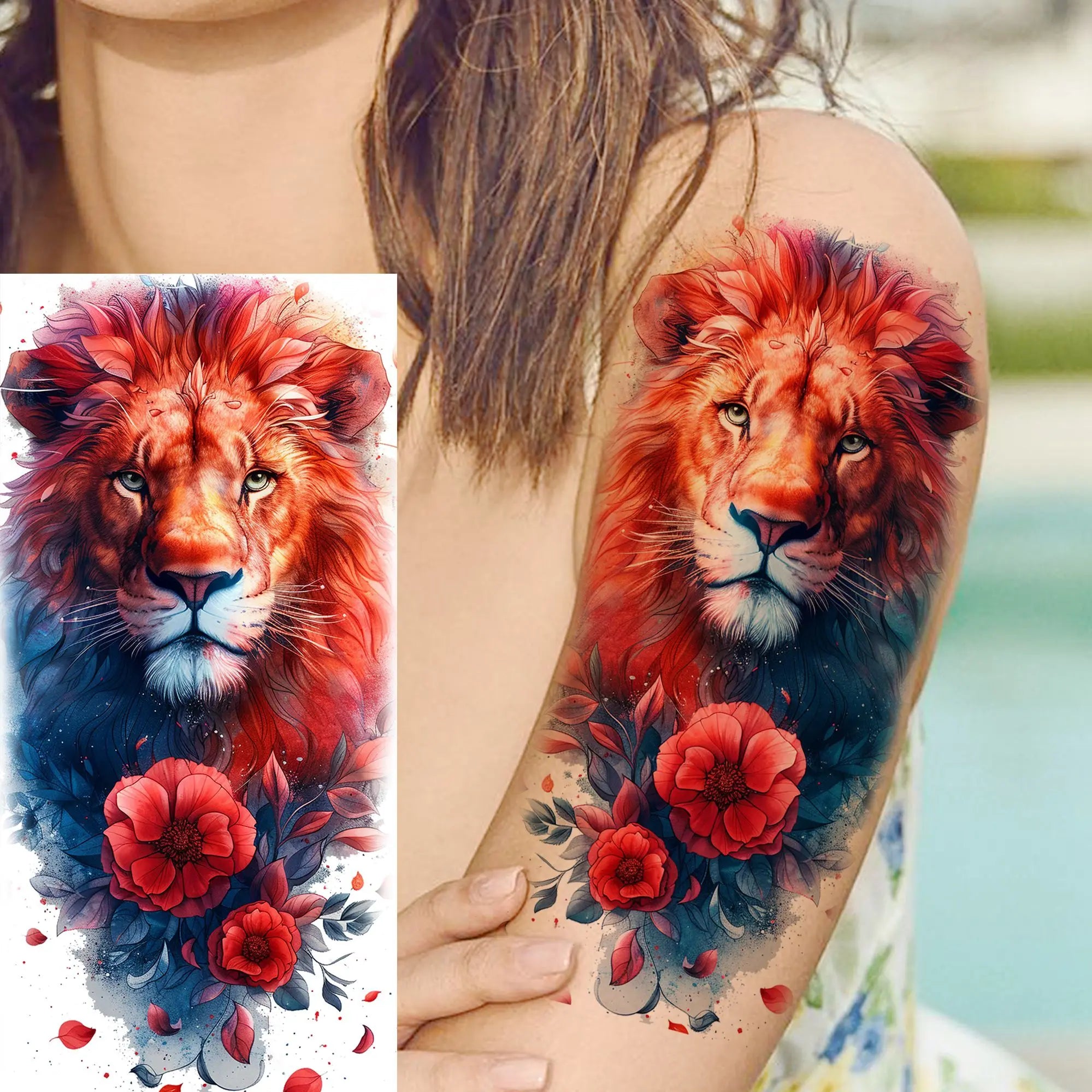 1 Sheet Watercolor Tiger Rose Temporary Tattoo Sticker – Waterproof Fake Tattoo with Floral & Bird Design