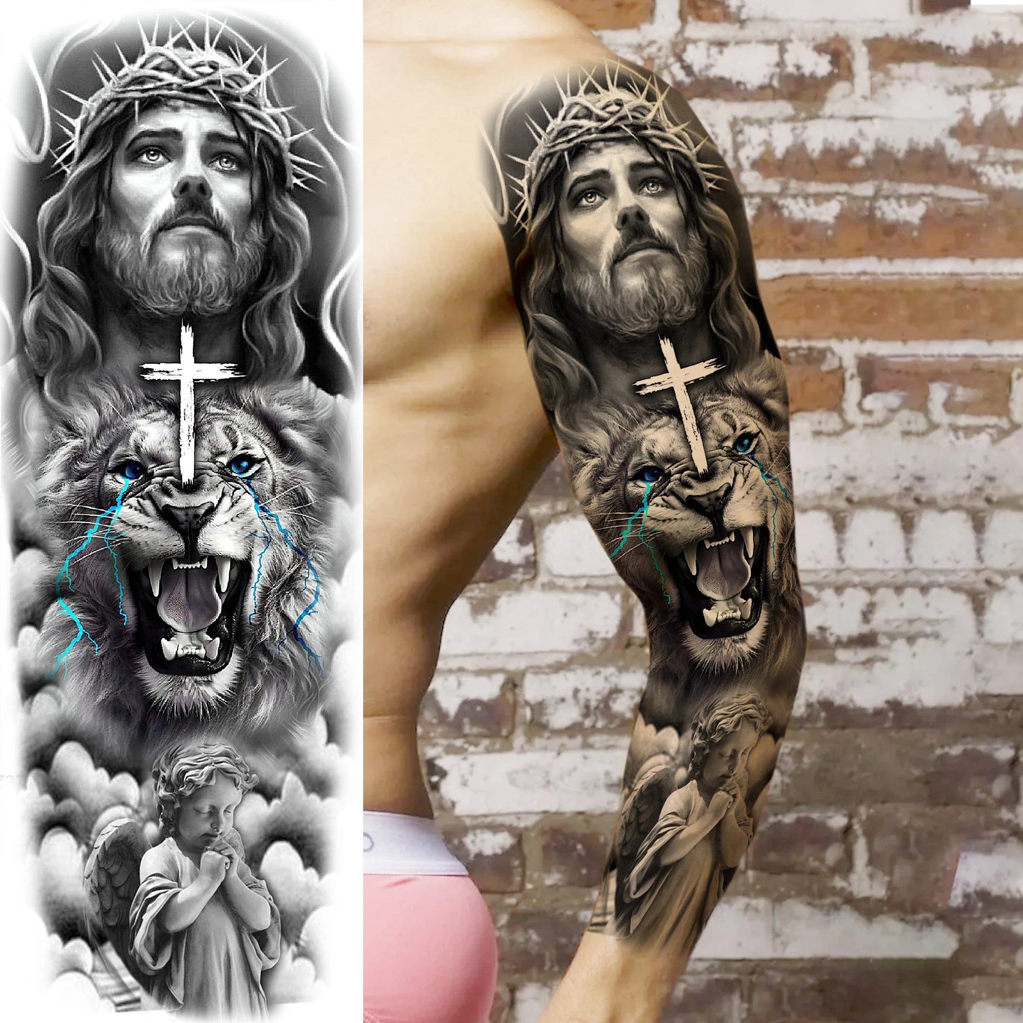 1 Sheet Zeus Jesus Skull Arm Temporary Tattoo Stickers – Waterproof Fake Sleeve Tattoo for Arm and Leg