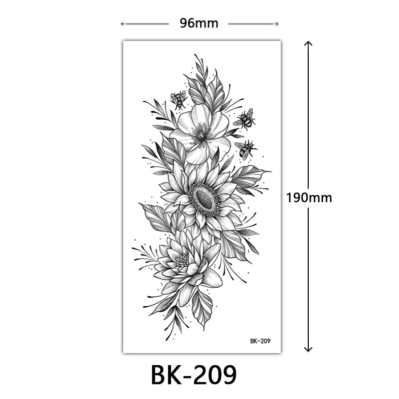 Black Floral Temporary Tattoo Stickers – Waterproof Fake Flower Tattoos for Hand, Arm, Body