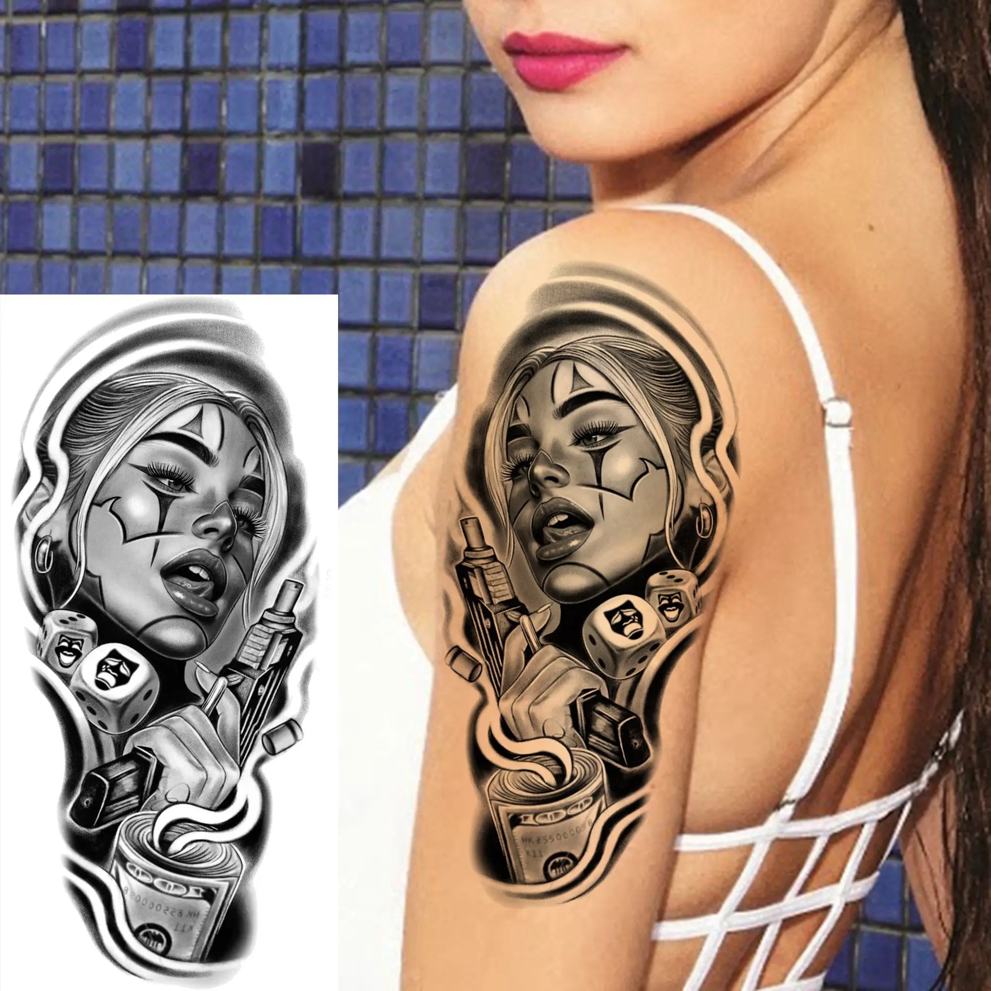 1 Sheet Gangster Joker Mask Poker Temporary Tattoo – Waterproof Fake Sleeve for Arm, Realistic Robber Rebel Design