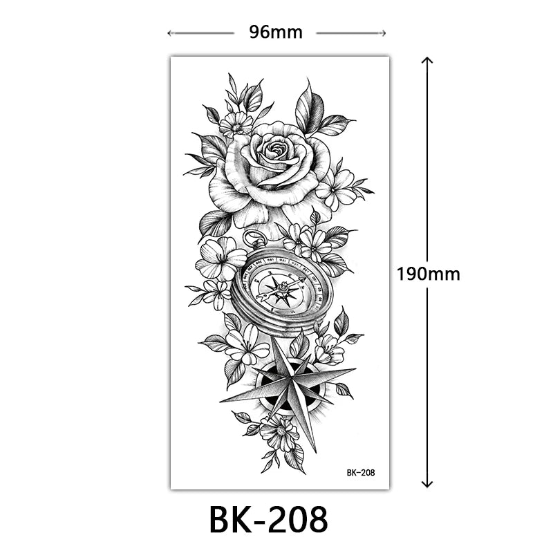 Black Floral Temporary Tattoo Stickers – Waterproof Fake Flower Tattoos for Hand, Arm, Body