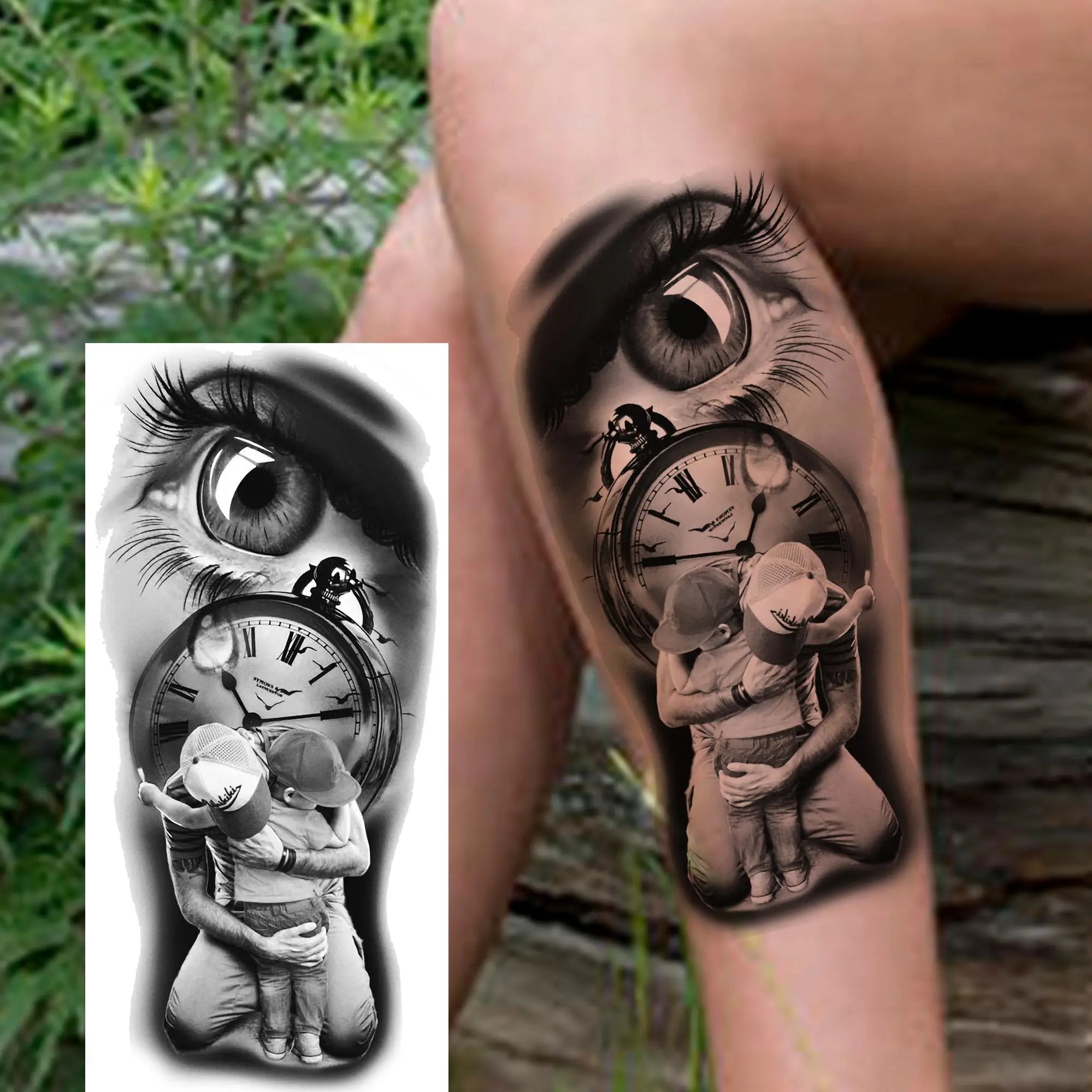 1pc Black Animal Realism Temporary Tattoo Stickers - Tiger Lion Wolf Clock Skull Eye