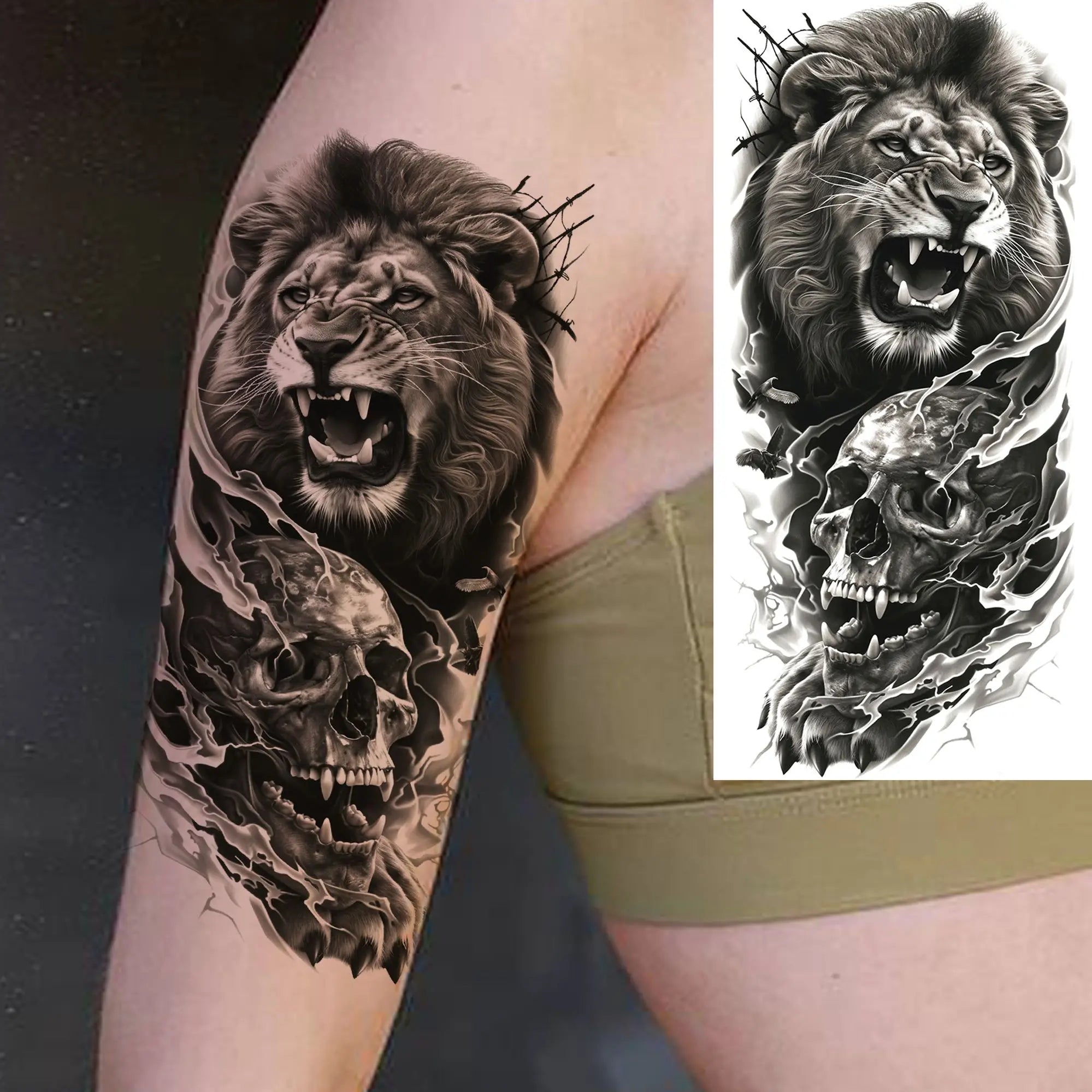 1 Sheet Lion Tiger Wolf Skull Ship Temporary Tattoo Sticker – Waterproof Realistic Body Art for Arm and Chest