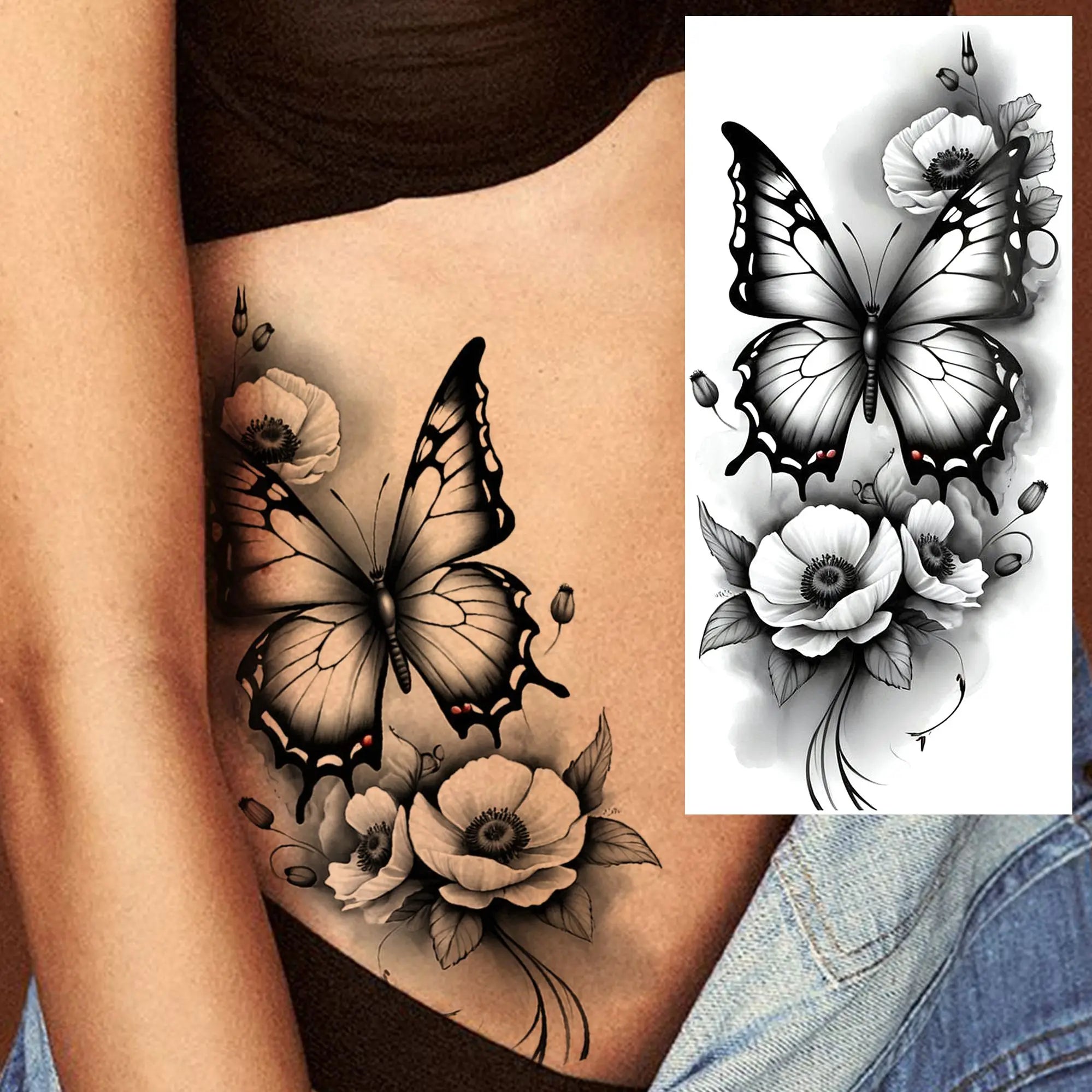 Watercolor Flower & Butterfly Tattoo – Realistic Waterproof Temporary Sticker (1 Sheet)