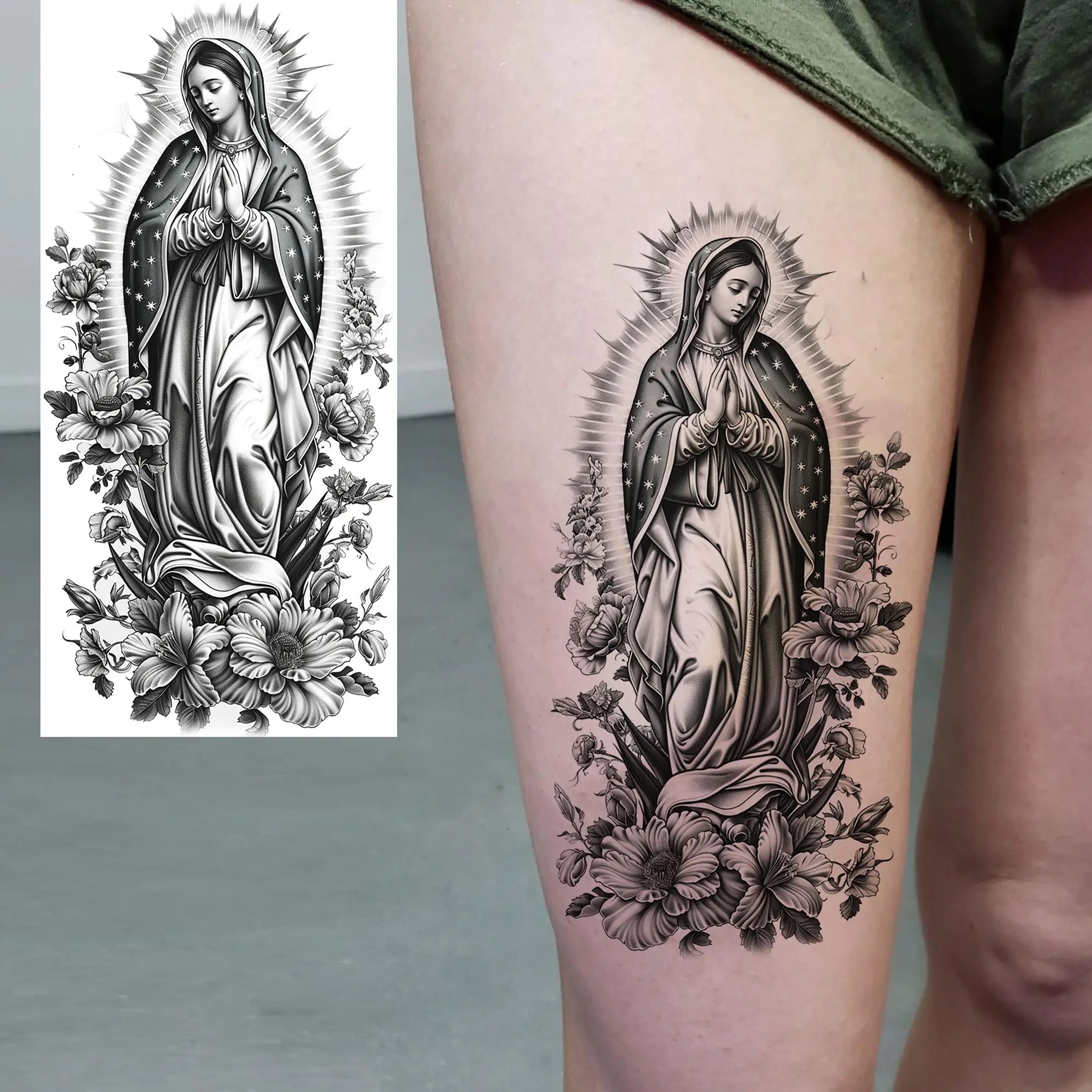 1pc Black Jesus Mary Cross Temporary Tattoo Stickers – Realistic Christian Prayer Tattoo Waterproof