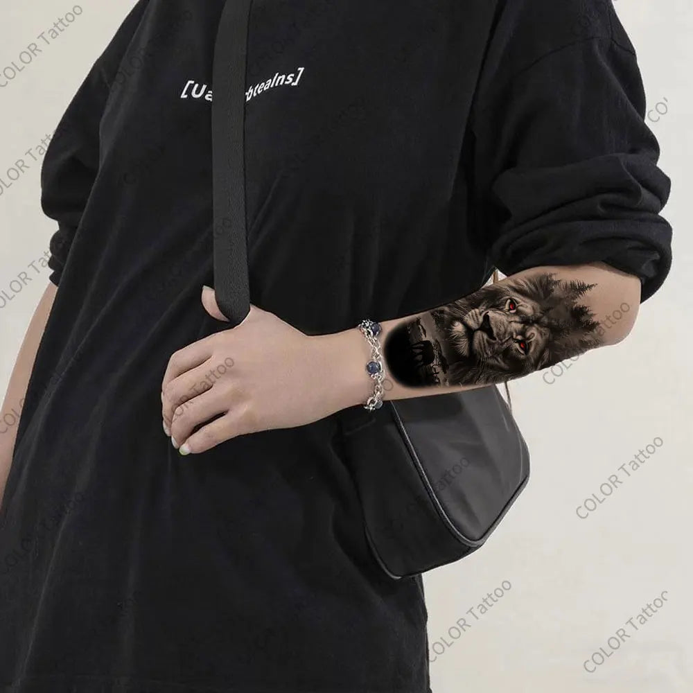 2pcs Black Lion Tiger Wolf Temporary Tattoo Stickers – Waterproof Fake Animal Sleeve Tattoos