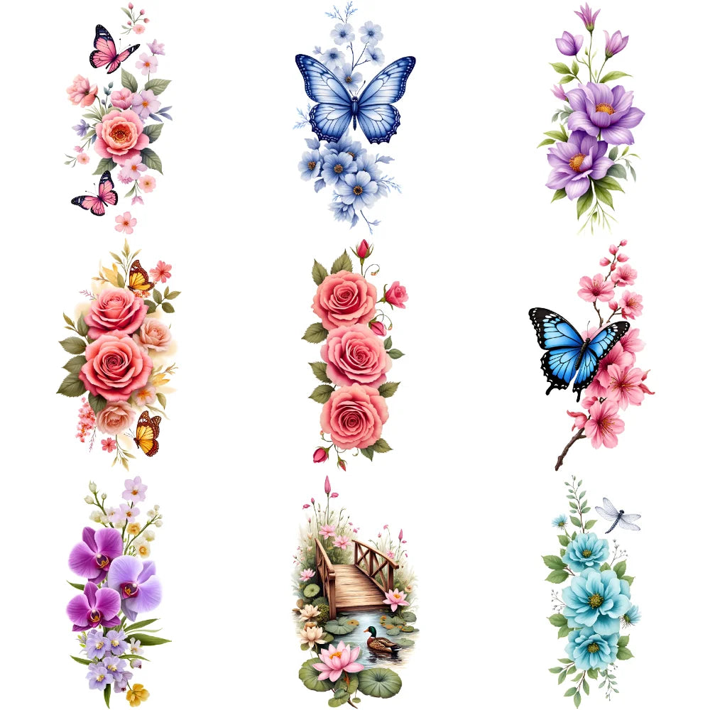 9pcs Colorful Flower Temporary Tattoo Stickers – Waterproof Floral Body Art for Neck, Back, Shoulder