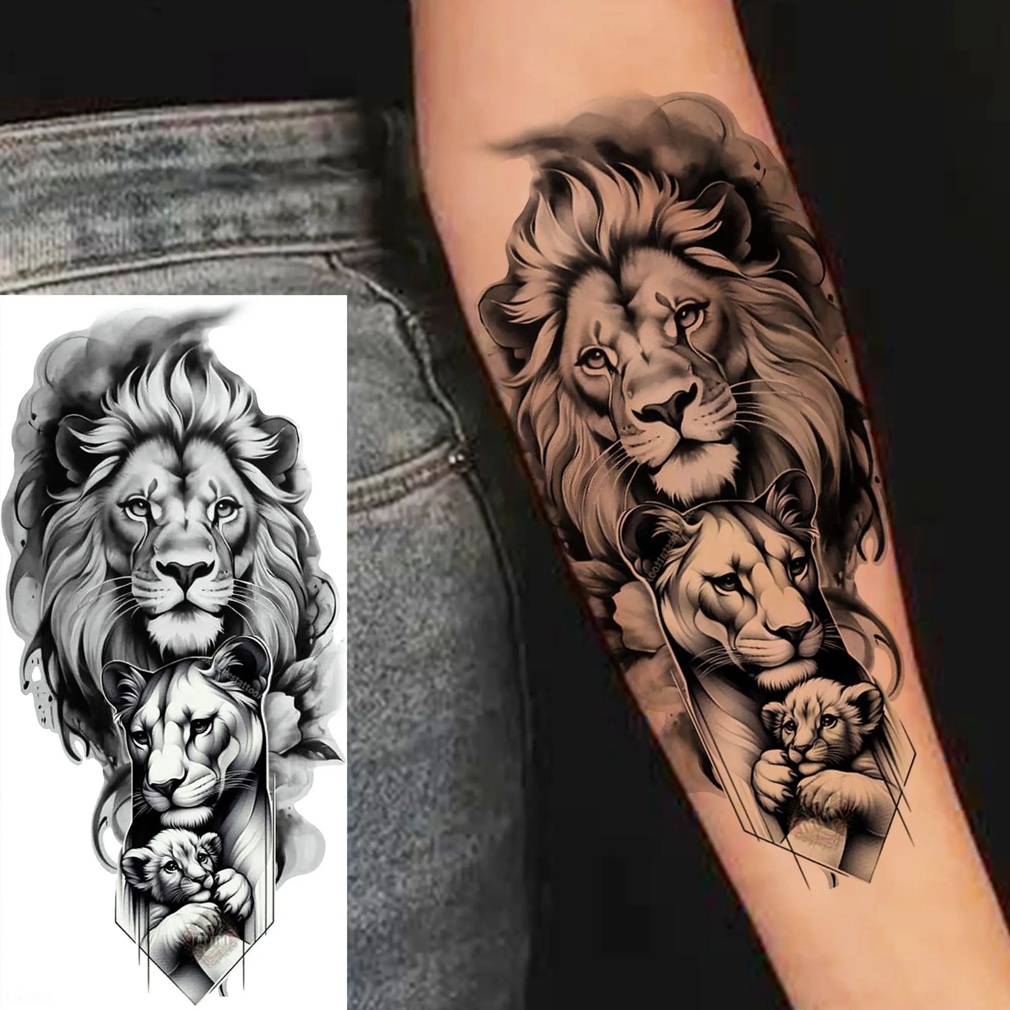 1pc Black Animal Realism Temporary Tattoo Stickers - Tiger Lion Wolf Clock Skull Eye