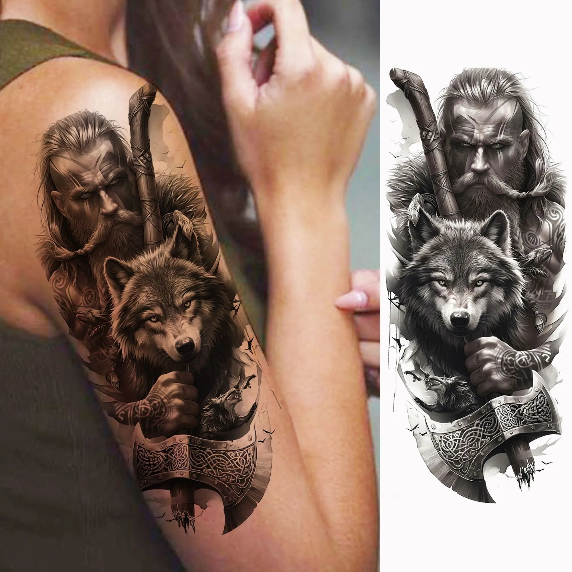 1pc Black Warrior Spartan Temporary Tattoo Stickers – Gladiator Helmet Lion Wolf Armor Design
