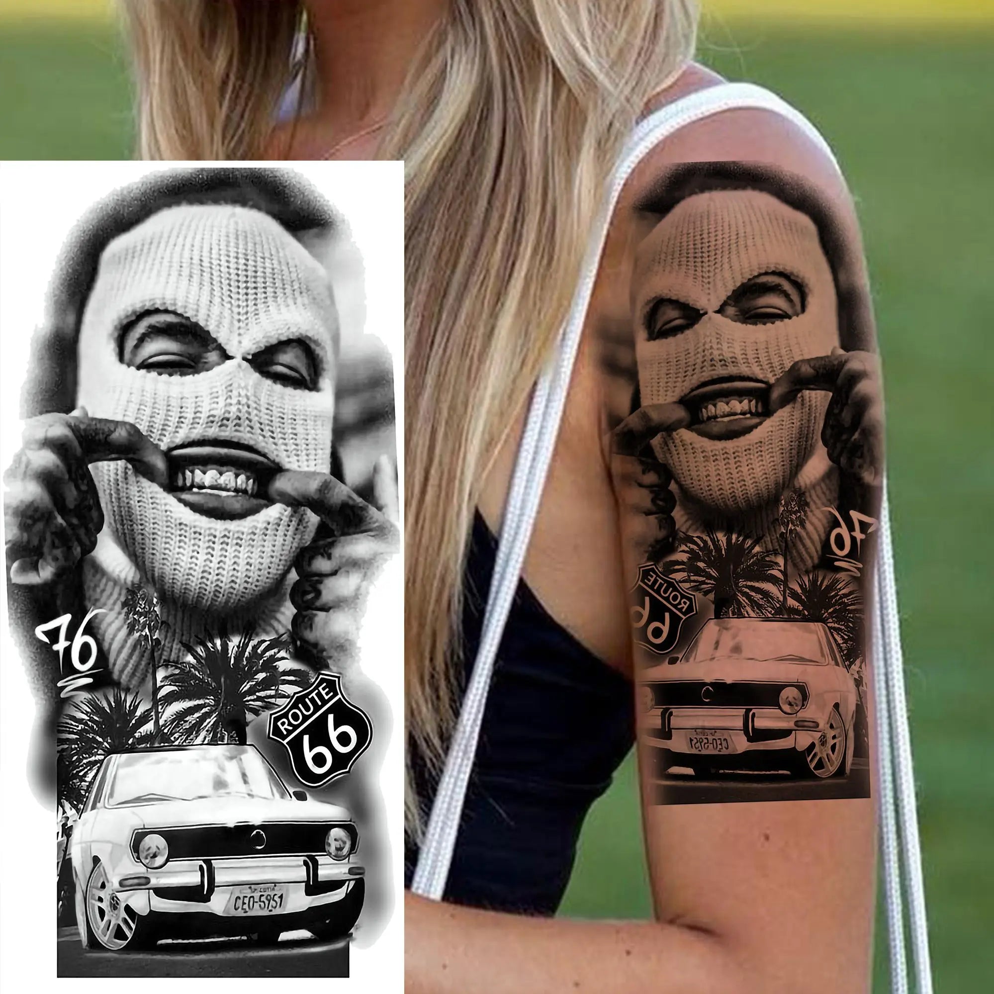 1 Sheet Gangster Joker Mask Poker Temporary Tattoo – Waterproof Fake Sleeve for Arm, Realistic Robber Rebel Design