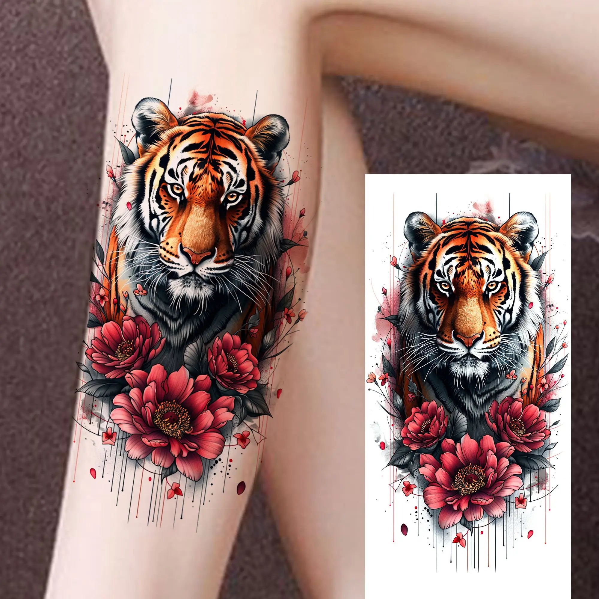 1 Sheet Watercolor Tiger Rose Temporary Tattoo Sticker – Waterproof Fake Tattoo with Floral & Bird Design