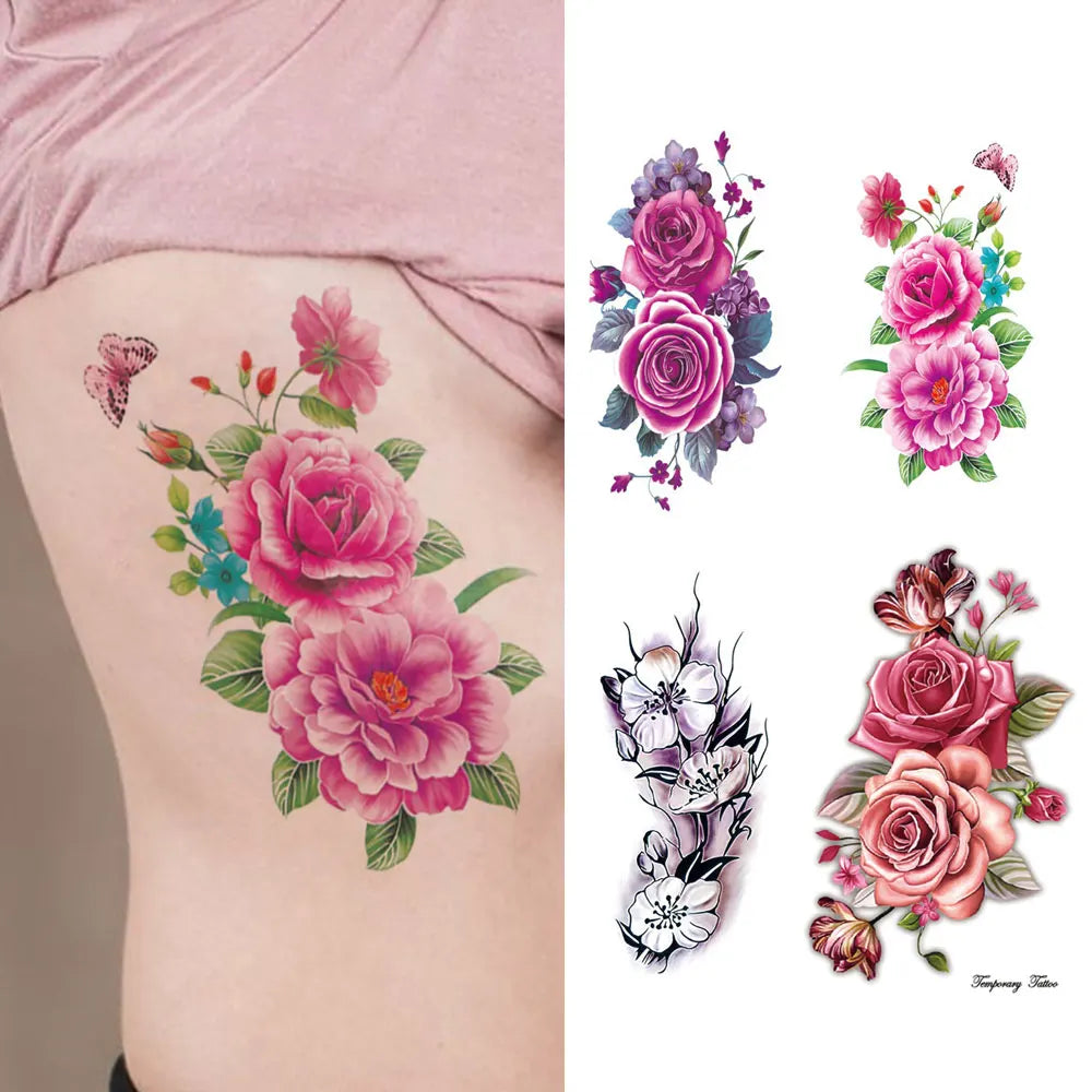 Colorful Rose Lily Peony Butterfly Temporary Tattoo Sticker