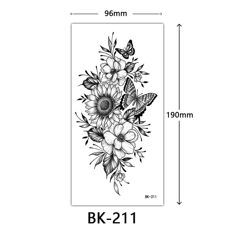 Black Floral Temporary Tattoo Stickers – Waterproof Fake Flower Tattoos for Hand, Arm, Body