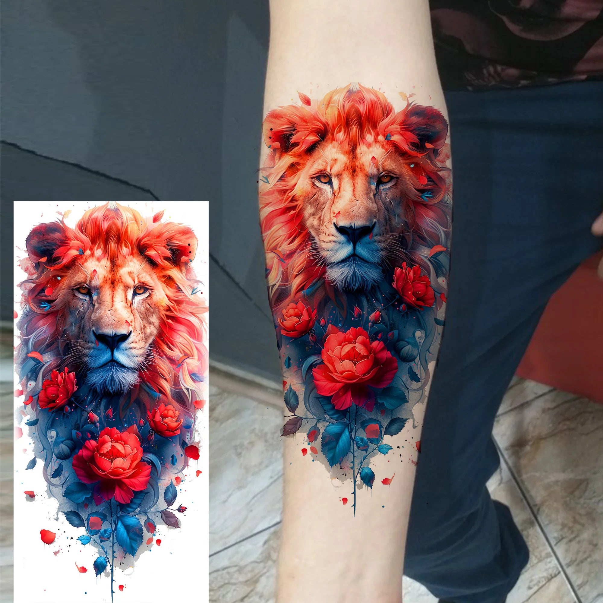1 Sheet Watercolor Tiger Rose Temporary Tattoo Sticker – Waterproof Fake Tattoo with Floral & Bird Design
