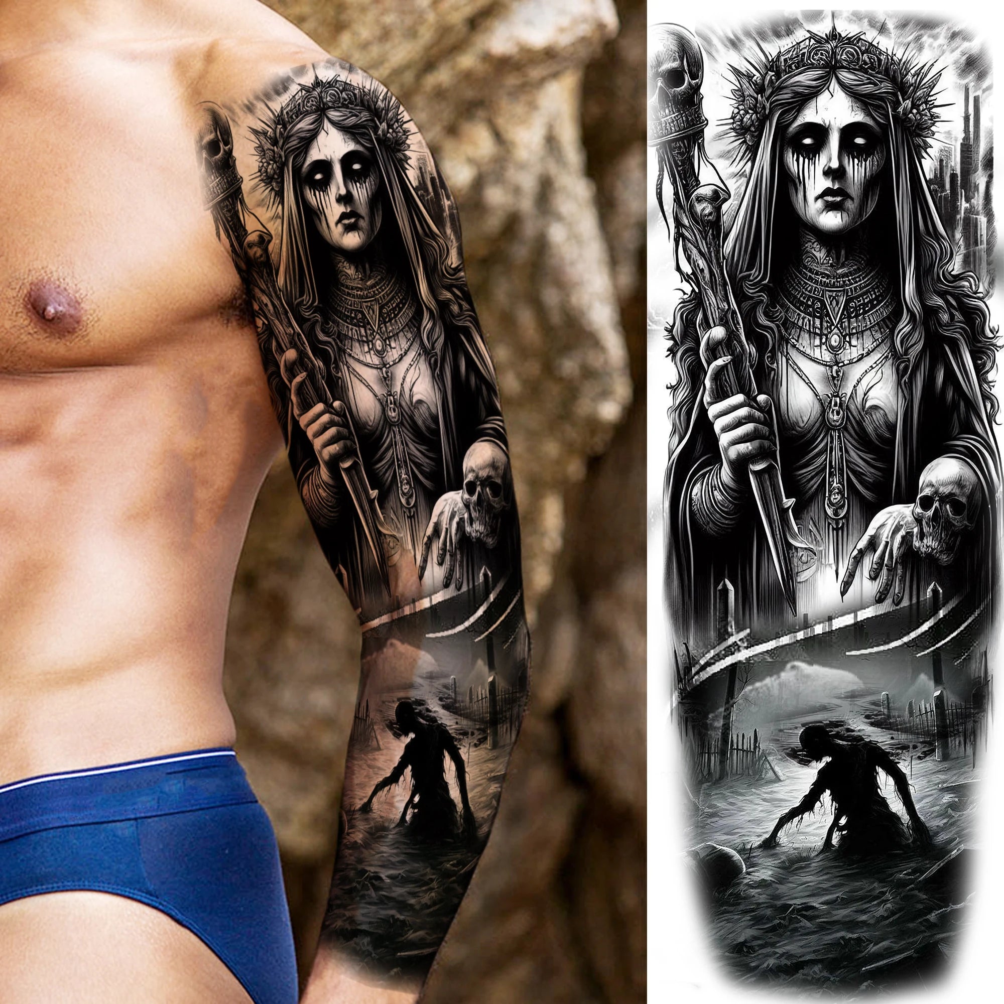 1 Sheet Zeus Jesus Skull Arm Temporary Tattoo Stickers – Waterproof Fake Sleeve Tattoo for Arm and Leg