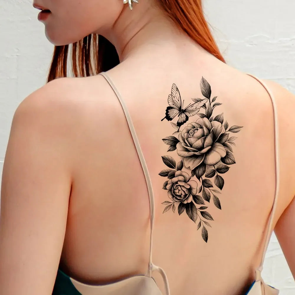Black Floral Temporary Tattoo Stickers – Waterproof Fake Flower Tattoos for Hand, Arm, Body